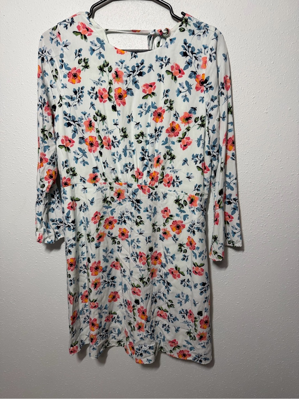 LOFT White Floral Long-Sleeve A-Line Dress with Pink & Orange Blooms
